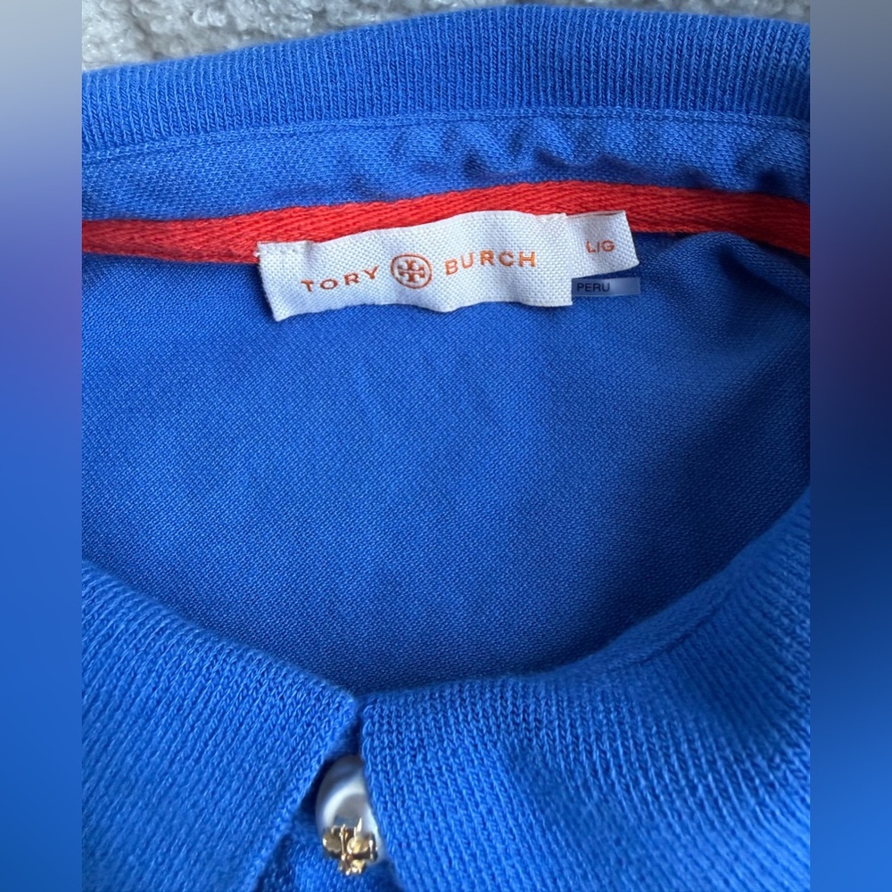 Tory Burch Blue Ruffle Collar Polo with Logo Buttons - Picture 6 of 9